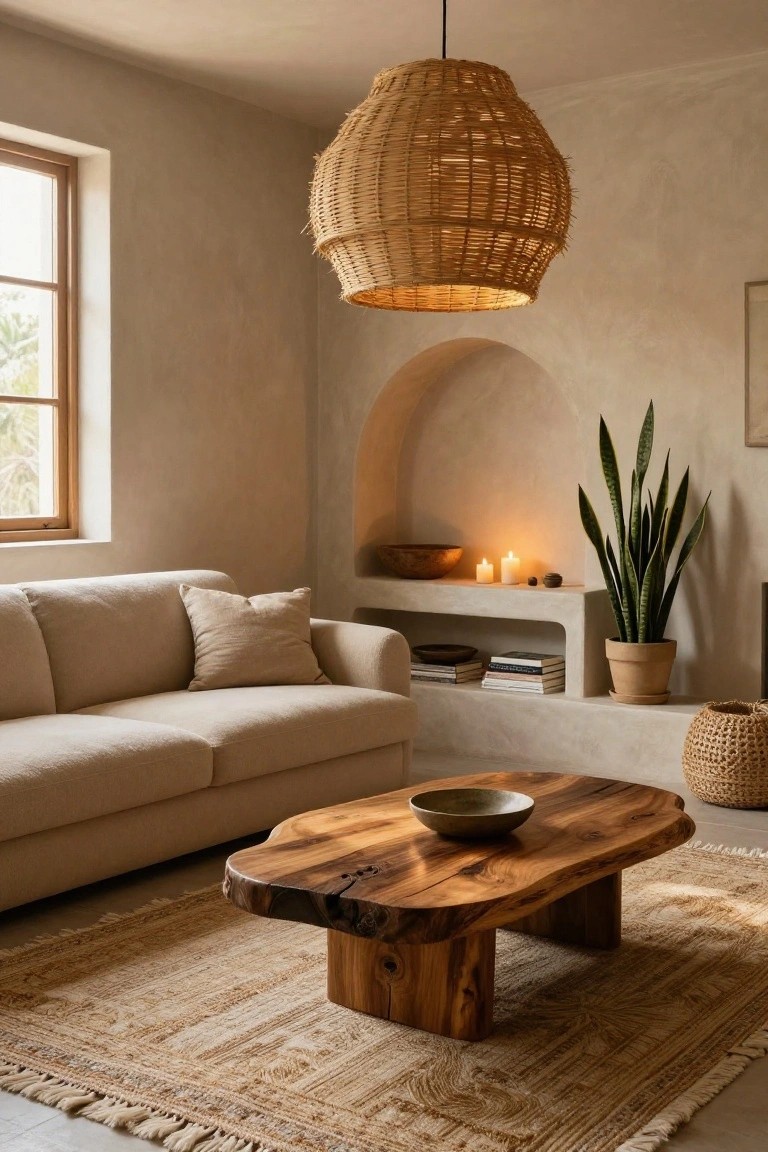 A cozy beige living room with a low sofa, live-edge wooden coffee table on a woven rug, rattan pendant light overhead, and an arched wall niche containing a tall snake plant in a terracotta pot, candles, and a wooden bowl.