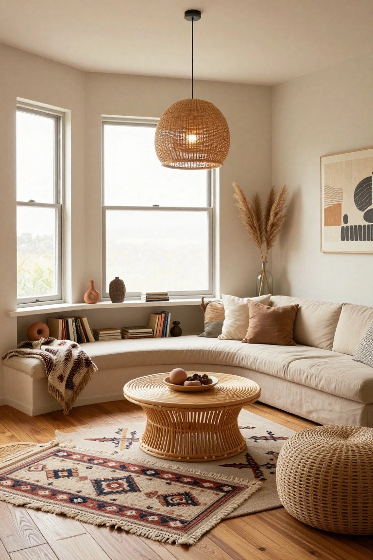 Curved beige sofa in bay window nook with built-in shelves holding books, pottery, and a throw blanket, rattan coffee table with fruit bowl, woven pendant light overhead, pampas grass in glass vase, patterned rug, and pouf on hardwood floors.