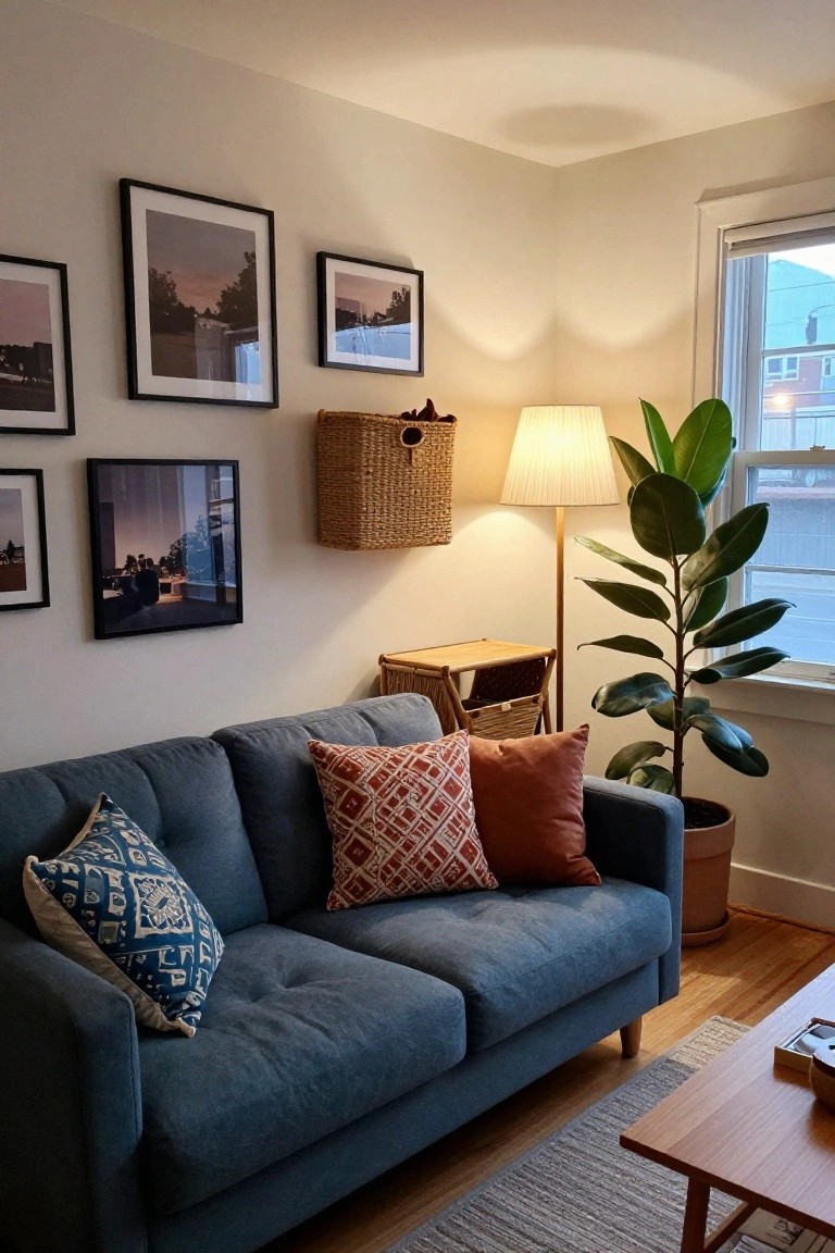 Cozy living room corner with a blue upholstered sofa topped with patterned pillows in blue, orange, and rust, a tall potted plant nearby, framed black-and-white photos on beige walls, a floor lamp, and hardwood floors.