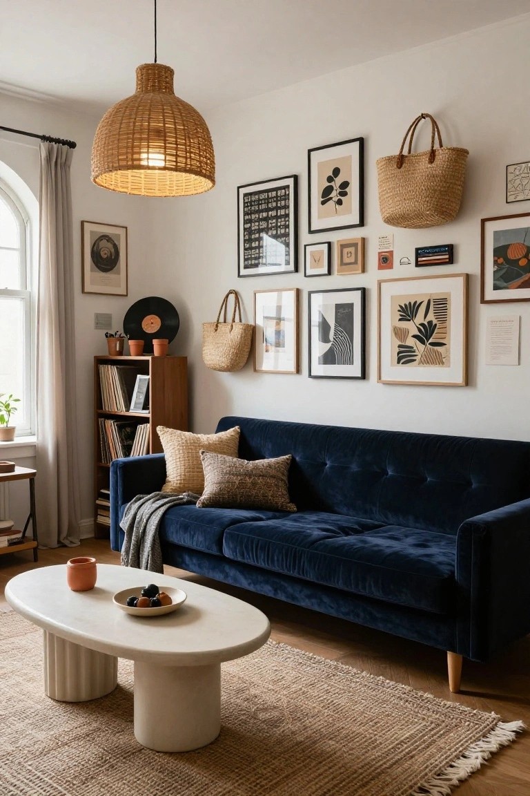 Living room interior with navy velvet sofa on jute rug, white oval coffee table holding fruit bowl and mug, wooden bookshelves with records and plants, rattan pendant light, and eclectic wall gallery of framed abstract art prints, drawings, and hanging woven baskets near a curtained window.