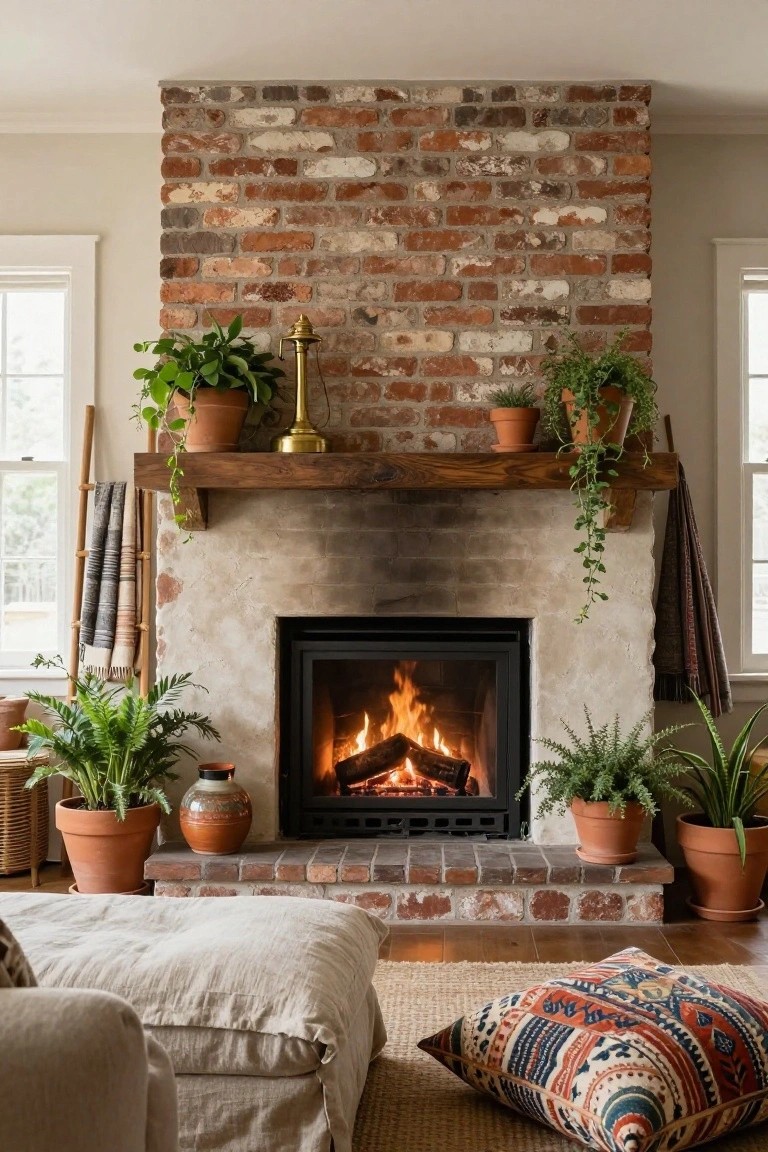 Living room interior showing a large brick fireplace with wooden mantel holding plants and brass lantern, hearth with potted ferns and succulents, additional plants in terracotta pots, linen sofa, floor cushions, and woven rug.
