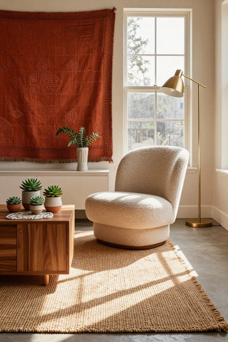 Cream boucle armchair on a jute rug next to a wooden coffee table with potted succulents and small plants, orange textured tapestry wall hanging, potted plant on shelf, gold floor lamp, and window in a light-filled living room corner.