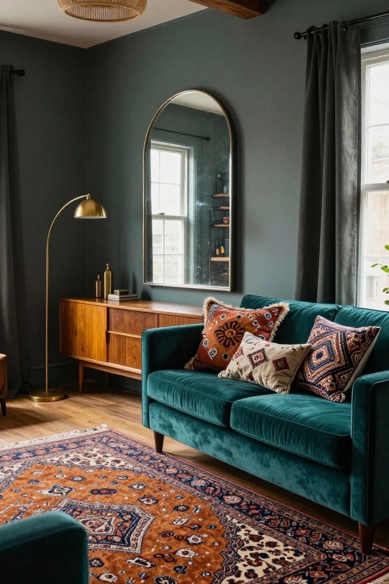 Emerald green velvet sofa with assorted patterned pillows on a wooden frame, positioned on an orange and navy Persian rug in a teal-walled living room with a midcentury credenza, arched mirror, gold arc lamp, and rattan pendant light.