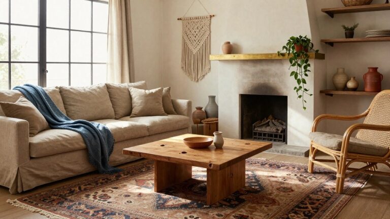 Sunlit living room with cream linen sofa draped in blue throw, low rough wooden coffee table, potted plants, macrame wall hanging, ceramic vases, fireplace, and patterned rug.