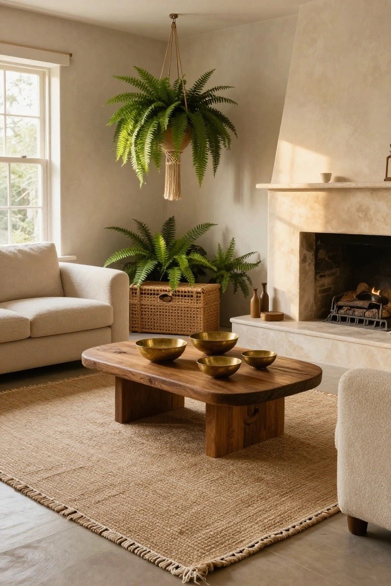 Cozy living room corner with cream sofa, low wooden coffee table holding brass bowls, hanging fern in macrame planter, potted ferns, burning fireplace, wicker basket, and fringed jute rug on beige walls.