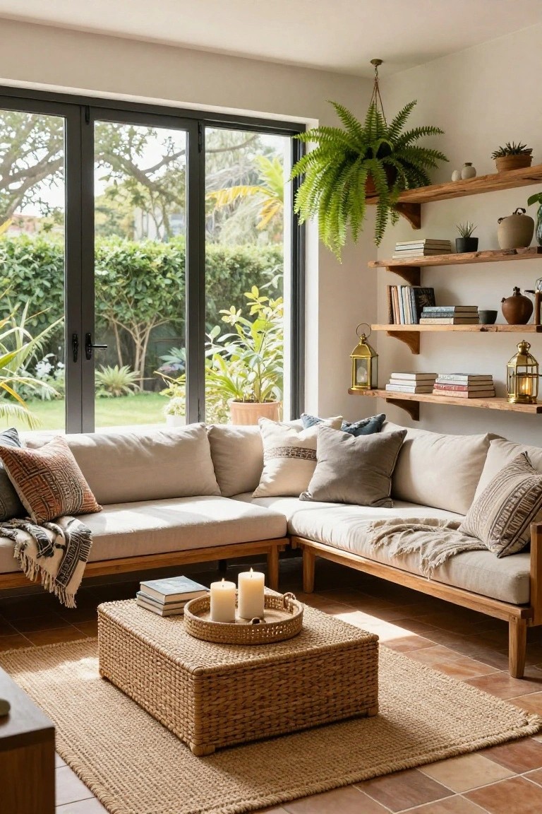 Corner living room with L-shaped cream sofa on wooden frame, rattan coffee table on seagrass rug, wooden shelves above holding plants books ceramics and lanterns, large black-framed sliding glass doors to lush garden.