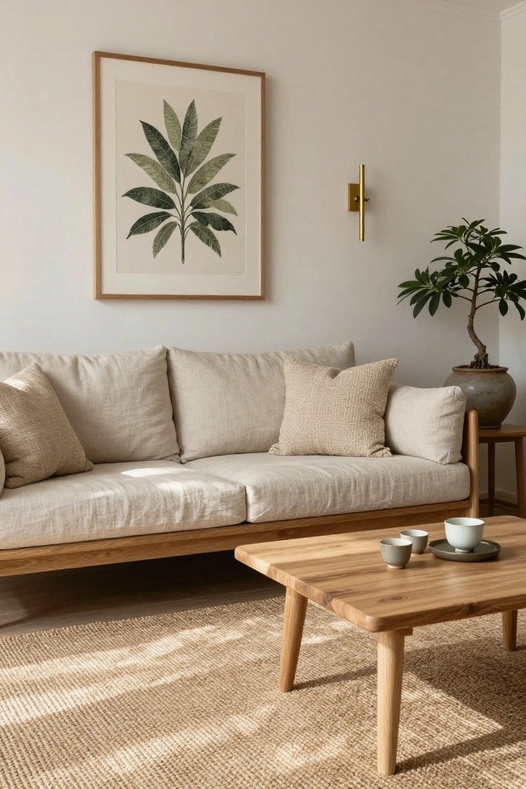 A light beige linen sofa with exposed wooden frame sits low in a white living room, paired with a wooden coffee table holding teacups, next to potted plants and a framed leaf artwork on the wall.