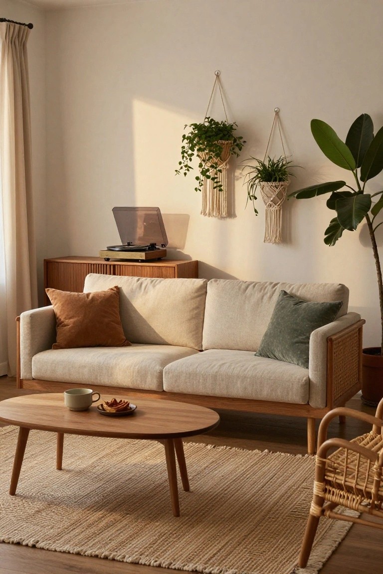 Sunlit living room with cream linen sofa accented by orange and green pillows, oval wooden coffee table holding a mug and plate, macrame-hung potted plants on white wall, wooden credenza with record player, large potted plant, rattan chair, and jute rug on wood floor.