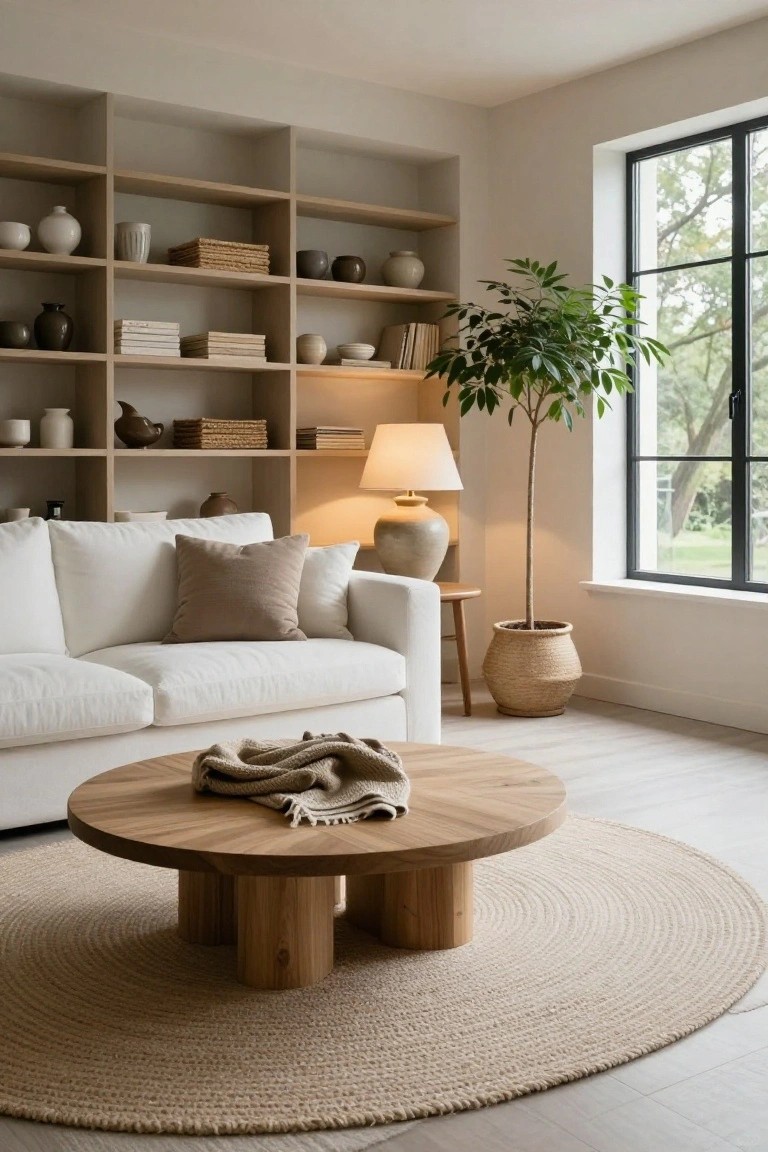 Light wooden open shelving units displaying assorted beige and white ceramic pottery, cups, vases, books, and baskets in a neutral-toned living room with a white sofa, round wooden coffee table on a seagrass rug, lamp, and tall potted plant by a large window.