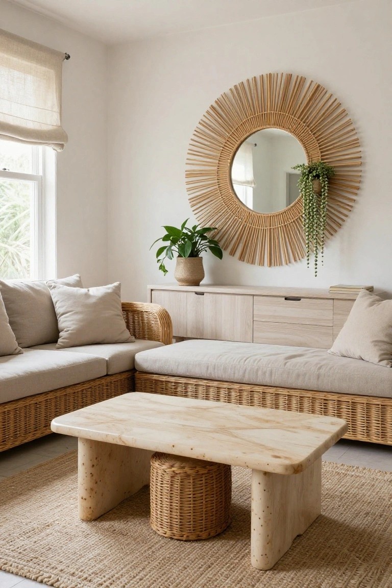 A light living room corner with beige L-shaped rattan sofa, woven bench, low beige stone coffee table on woven stools, large sunburst rattan mirror on white wall, potted plants, and neutral cushions.
