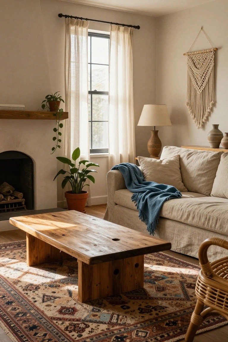 Sunlit living room with cream linen sofa draped in blue throw, low rough wooden coffee table, potted plants, macrame wall hanging, ceramic vases, fireplace, and patterned rug.