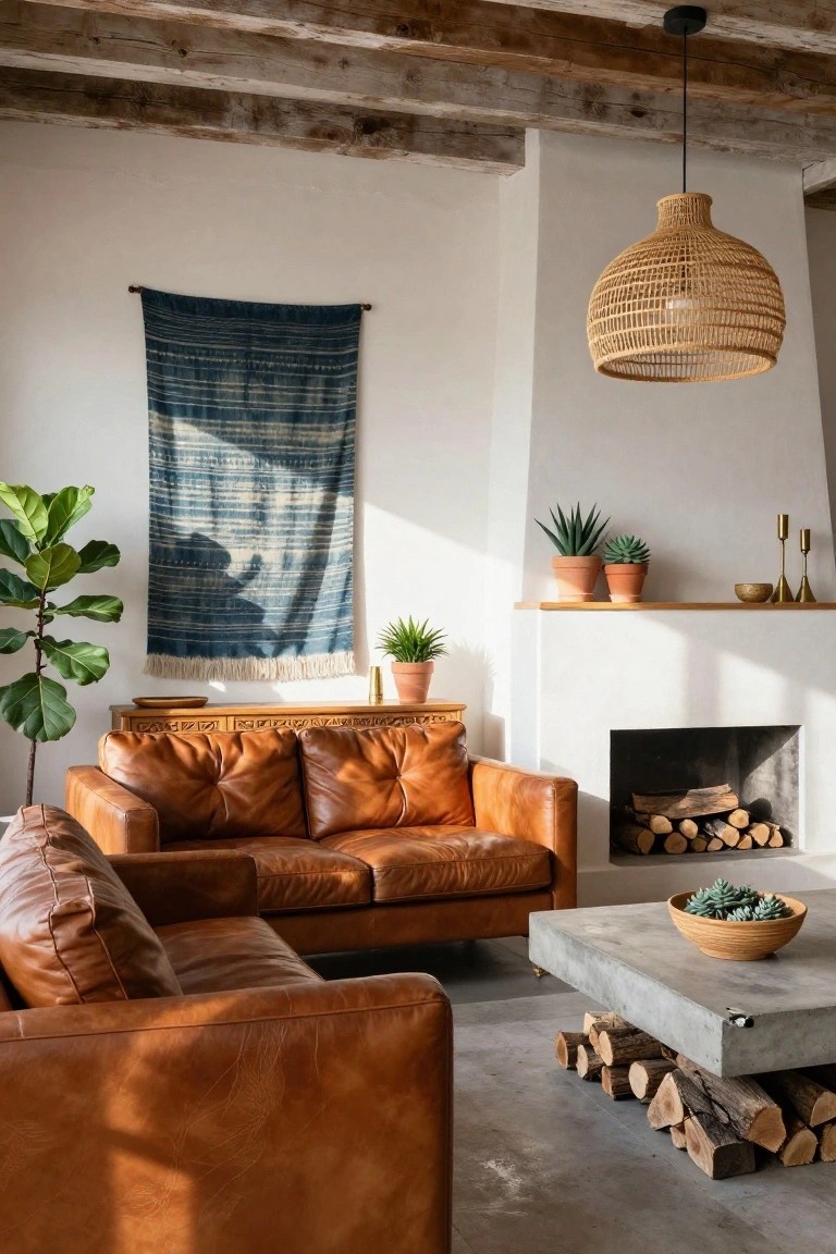 Sunlit living room with tan leather L-shaped sofa facing a white fireplace filled with stacked logs, blue striped tapestry on wall next to fiddle leaf fig plant, rattan pendant light from wooden beam ceiling, concrete coffee table holding bowl of succulents, and potted plants and candles on wall shelf.