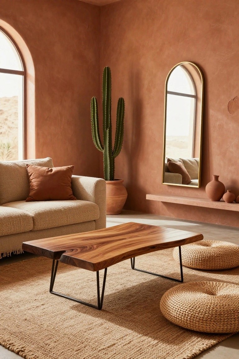 A cozy living room featuring textured terracotta walls, a light beige sofa with rust pillows, a live-edge wood coffee table on black metal legs, two round woven poufs, a tall potted cactus, terracotta pots, and a large arched gold mirror beside an arched window showing a desert landscape.