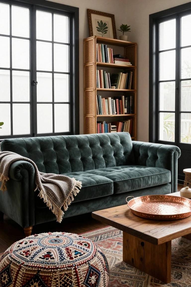 Living room corner with emerald green tufted velvet sofa draped in a gray throw, rattan bookshelf with books, wooden coffee table with copper tray, colorful pouf on patterned rug, plants, and black-framed windows.