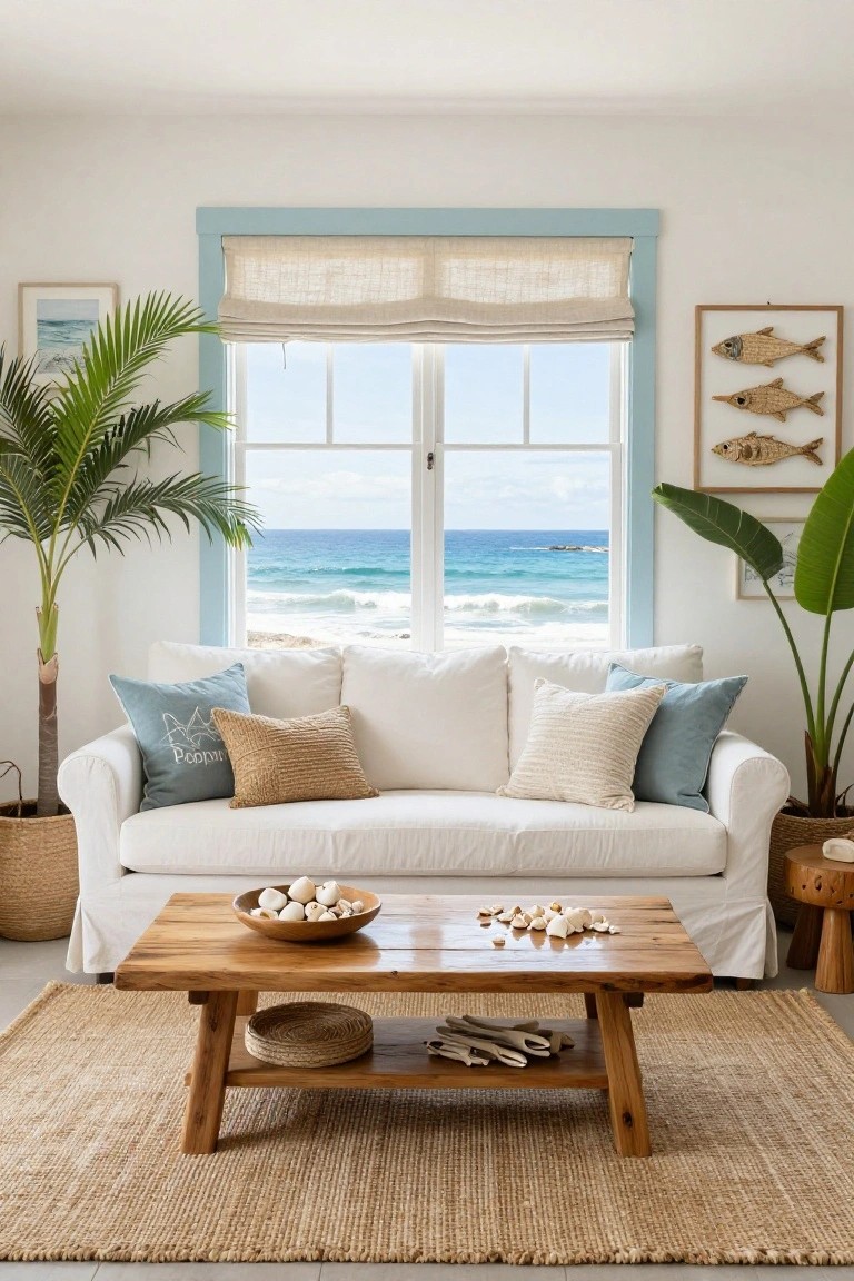 Living room with white slipcovered sofa and mixed pillows facing large blue-framed windows overlooking ocean waves, flanked by tall potted palms, wooden coffee table with shells and woven items, and beige rug on floor.