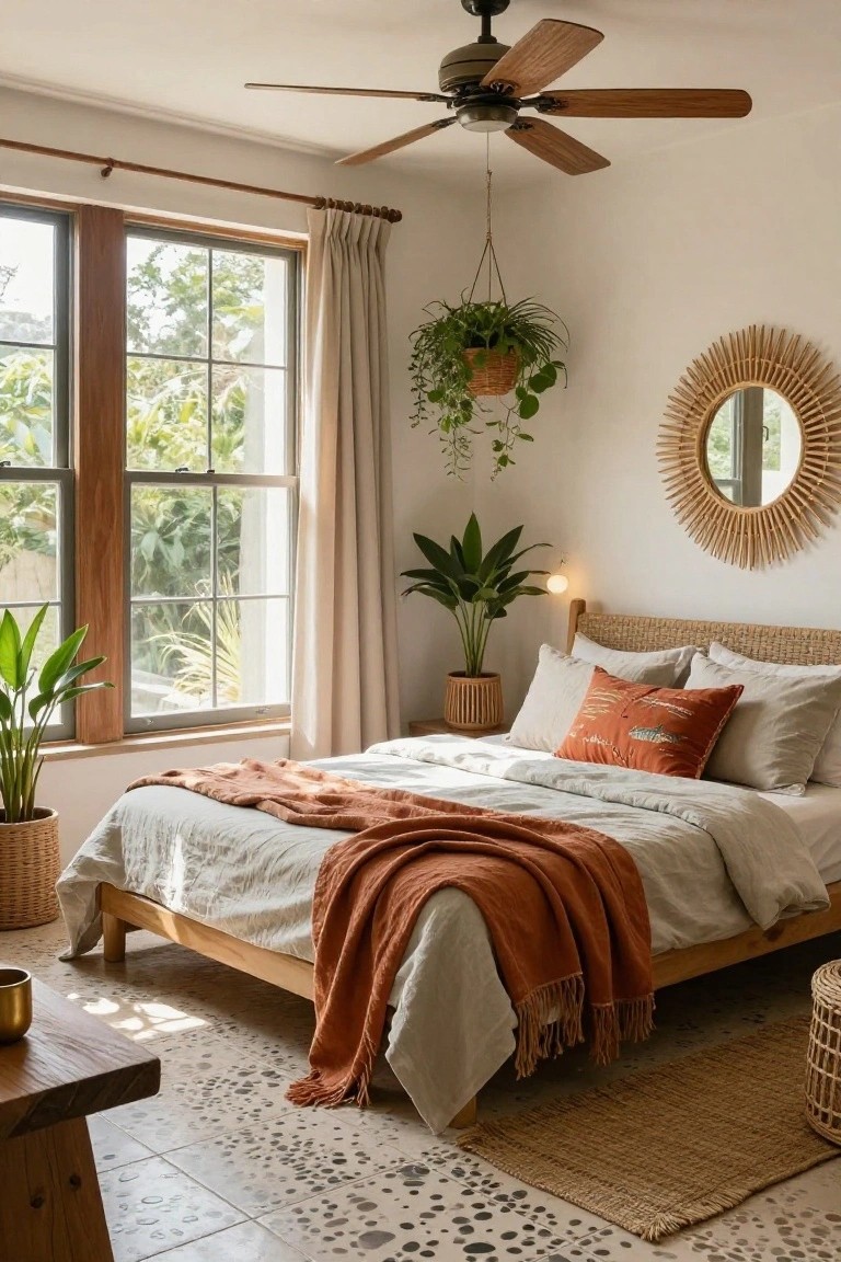 Sunlit bedroom with wooden bed, terracotta blanket, hanging plants, and woven accents.