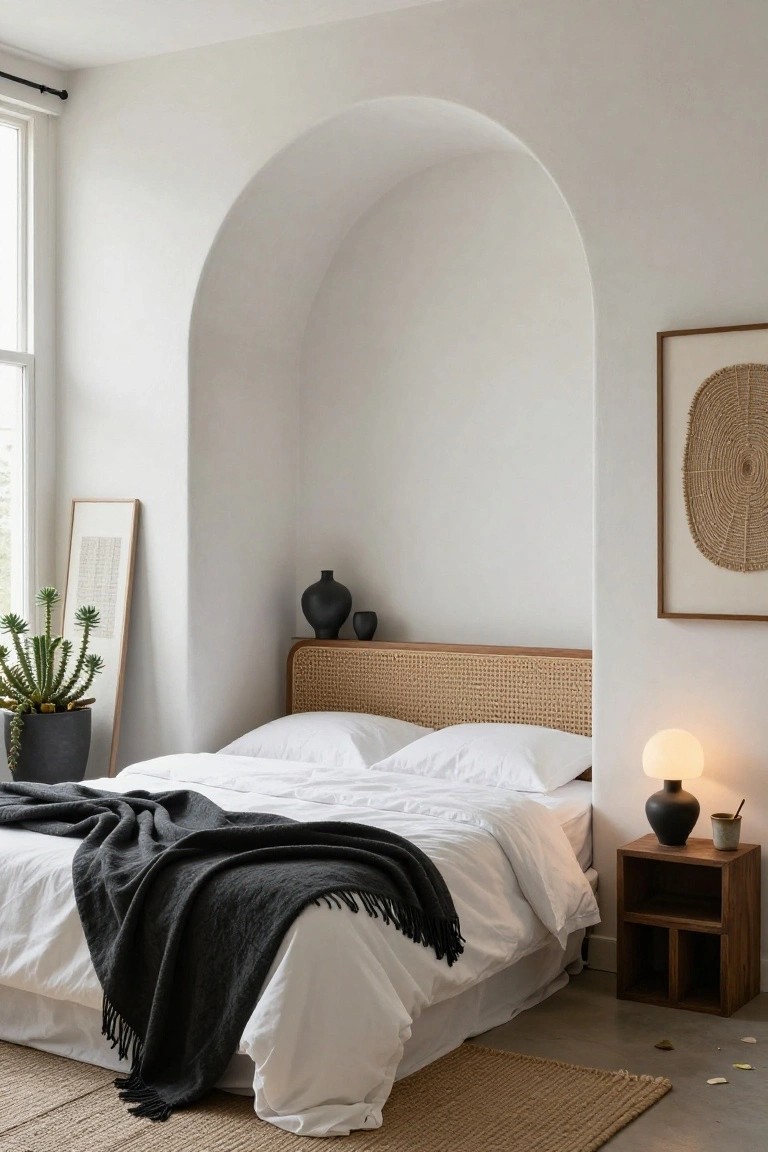 White bedroom with arched recess containing bed with rattan headboard, white bedding draped with black throw, black vases on shelves, potted plant, framed art, bedside table with lamp, and seagrass rug on floor.