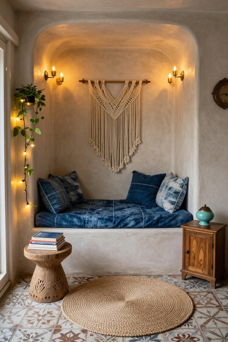 Arched beige plaster alcove with navy blue cushioned bench, macrame wall hanging, potted trailing plant with string lights, wooden stool stacked with books, wooden side cabinet with ceramic jar, seagrass rug on patterned tile floor.
