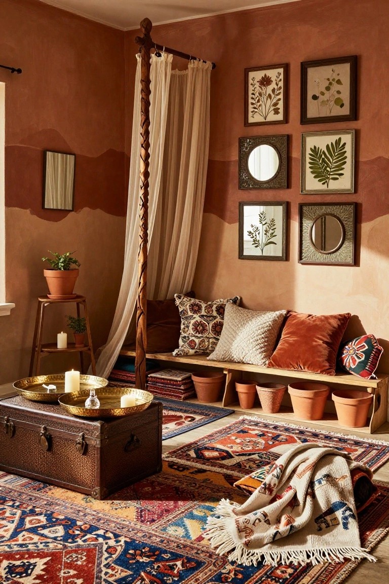 Terracotta-walled indoor room with wooden canopy frame draped in sheer curtains over a cushioned bench, assorted pillows, potted plants on shelves and floor, brass trays on a leather trunk, layered patterned rugs, and botanical framed art on walls.