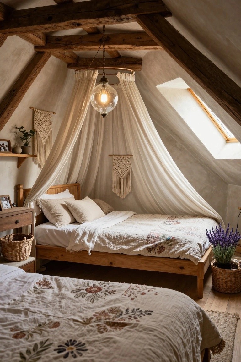 Attic bedroom with exposed wooden beams, white fabric canopy draped over a wooden bed, macrame wall hangings, potted plants, wooden side tables, wicker baskets, and a hanging glass bulb light.