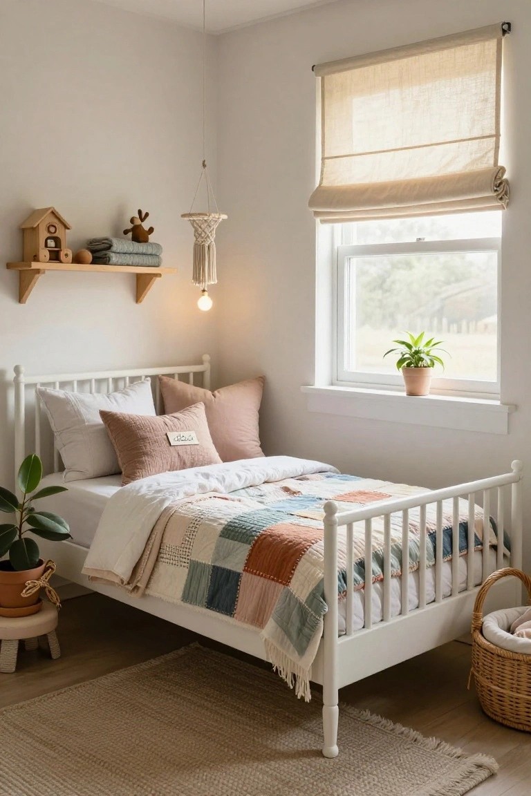 A white spindle bed in a light bedroom with a colorful patchwork quilt, layered textured pillows, potted plants on the floor, wooden wall shelf holding a birdhouse and toys, macrame hanger, and window with rolled beige roman shade.