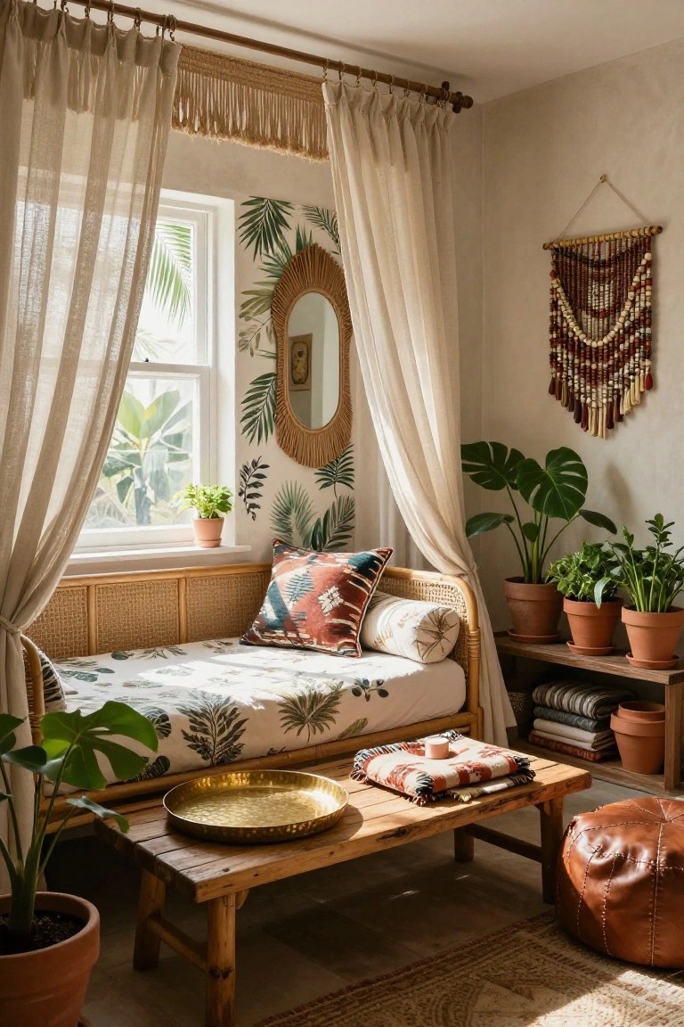 Rattan daybed with cushions and sheer curtains in a boho bedroom nook by a window, with tropical wallpaper, potted plants, wooden shelves, and a low table.