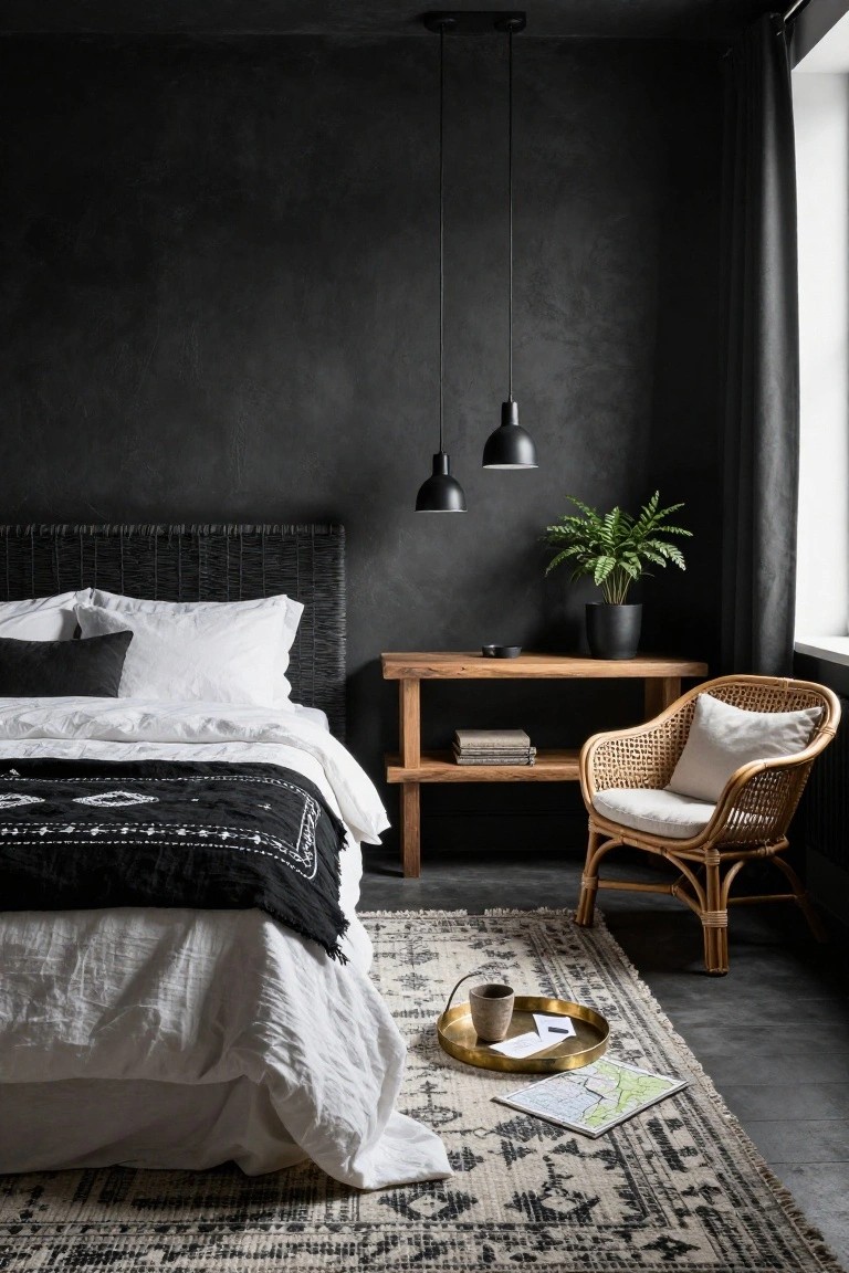 A bedroom with dark textured black walls, rattan headboard bed dressed in white linens and black throw, wooden side table holding books and a plant in black pot, rattan armchair with white cushion, brass tray with cup on patterned rug, and concrete floor.