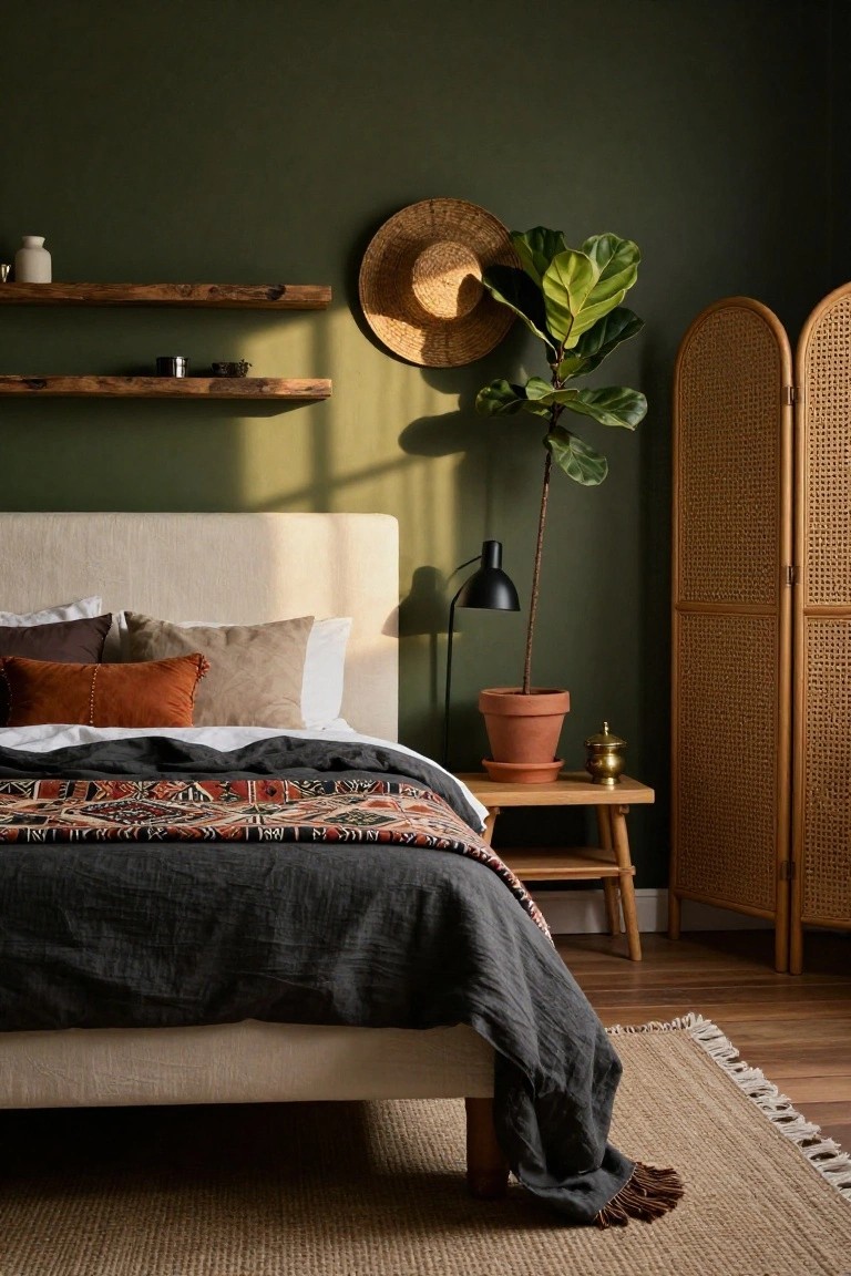 Bedroom interior with deep green walls, beige upholstered bed piled with white, beige, and rust pillows and layered blankets including a patterned throw, wooden floating shelves, potted fiddle leaf fig plant, black desk lamp on wood side table, woven hat on wall, rattan folding screen, and seagrass rug on wood floor.