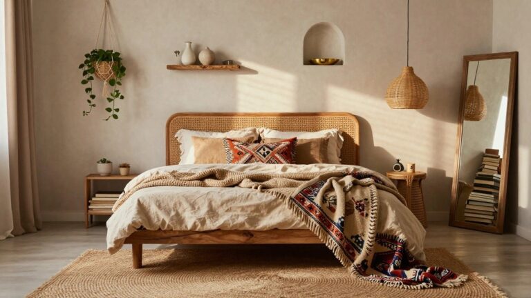 20 Dreamy Boho Bedroom Decor Ideas for Better Sleep Vibes Bedroom with wooden bed frame and rattan headboard, beige rumpled linens with red and patterned pillows, seagrass rug, hanging rattan lamp, potted plants, arched wall niche shelf with ceramics, and arched mirror.