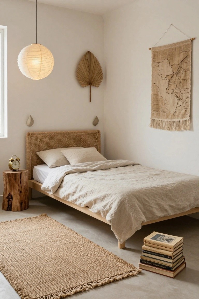 A minimalist bedroom corner with a low rattan headboard bed draped in beige linen bedding, stump side table holding books and a clock, seagrass rug on concrete floor, paper lantern pendant light, palm leaf wall decor, and woven map tapestry.