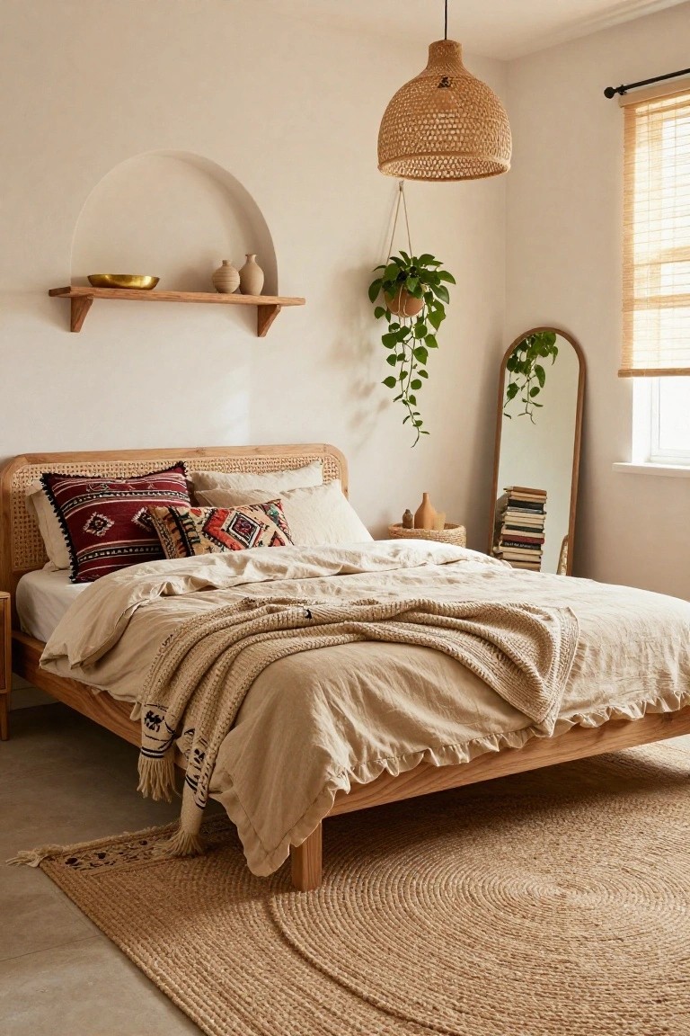 Bedroom with wooden bed frame and rattan headboard, beige rumpled linens with red and patterned pillows, seagrass rug, hanging rattan lamp, potted plants, arched wall niche shelf with ceramics, and arched mirror.