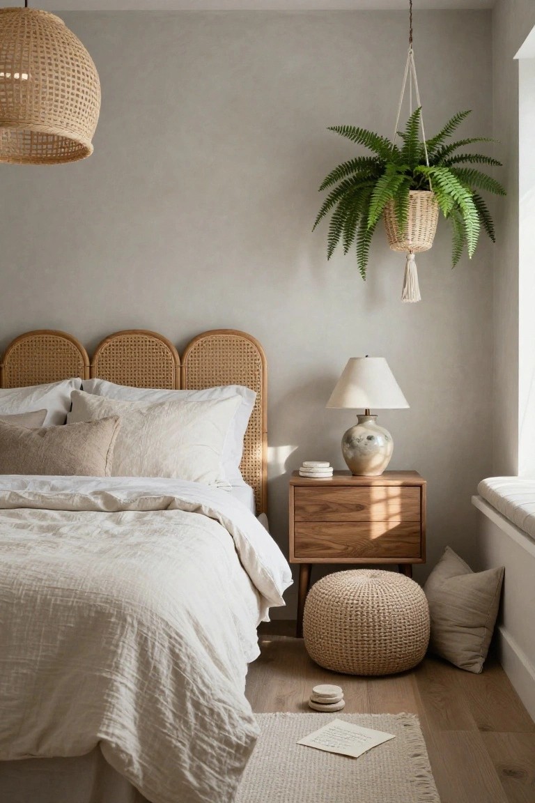 Bedroom interior with triple-arched rattan headboard, white textured bedding, wooden nightstand holding a ceramic lamp and coasters, hanging fern plant, pouf stool, and window seat against light gray walls and wood floors.