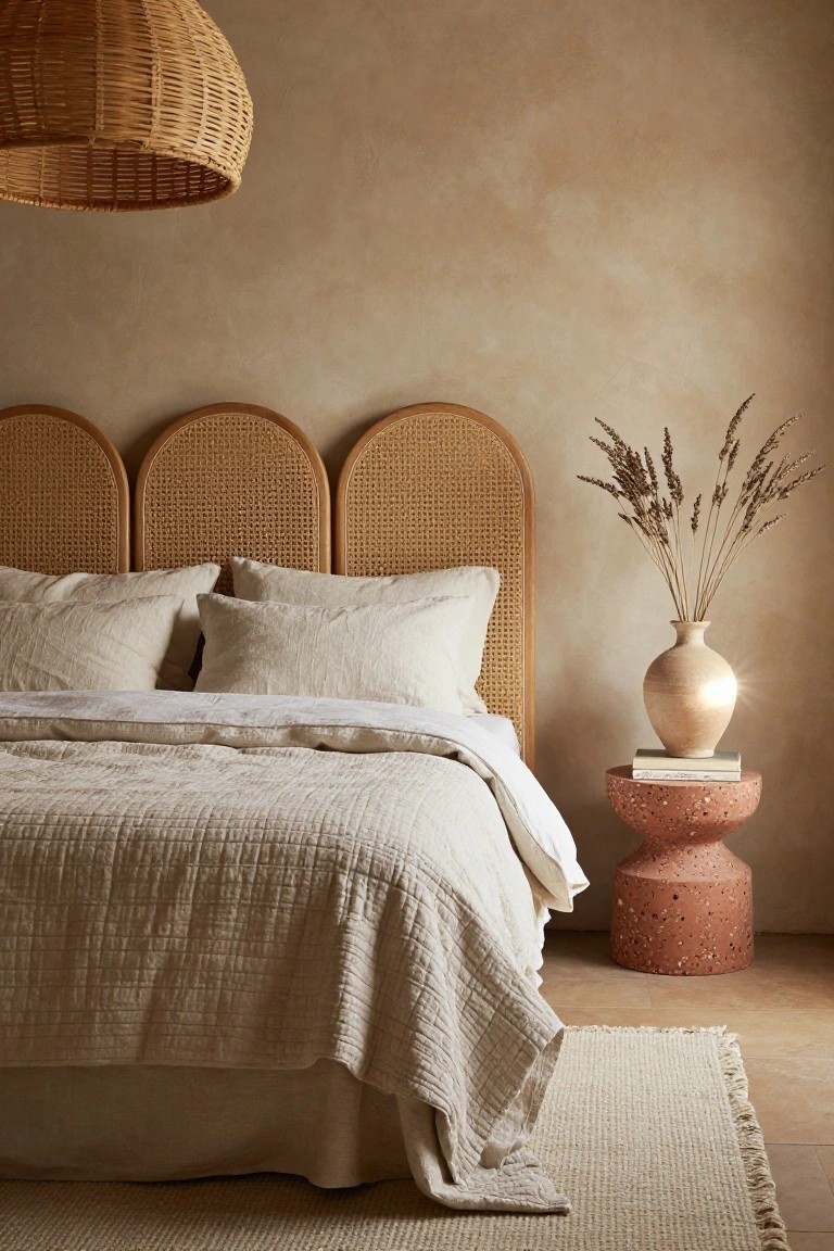 Bedroom with a king bed against a triple-arched rattan headboard, white linen bedding and pillows, coral concrete side table holding books and a tall beige vase of dried grasses, woven pendant lamp overhead, and fringed beige rug on terracotta tile floor.