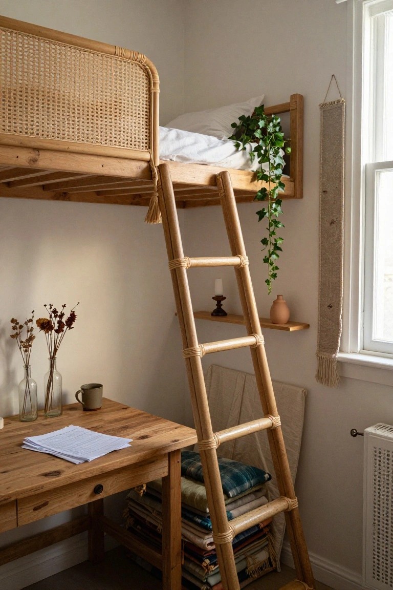 Wooden loft bed with bamboo ladder above rustic desk and textiles.