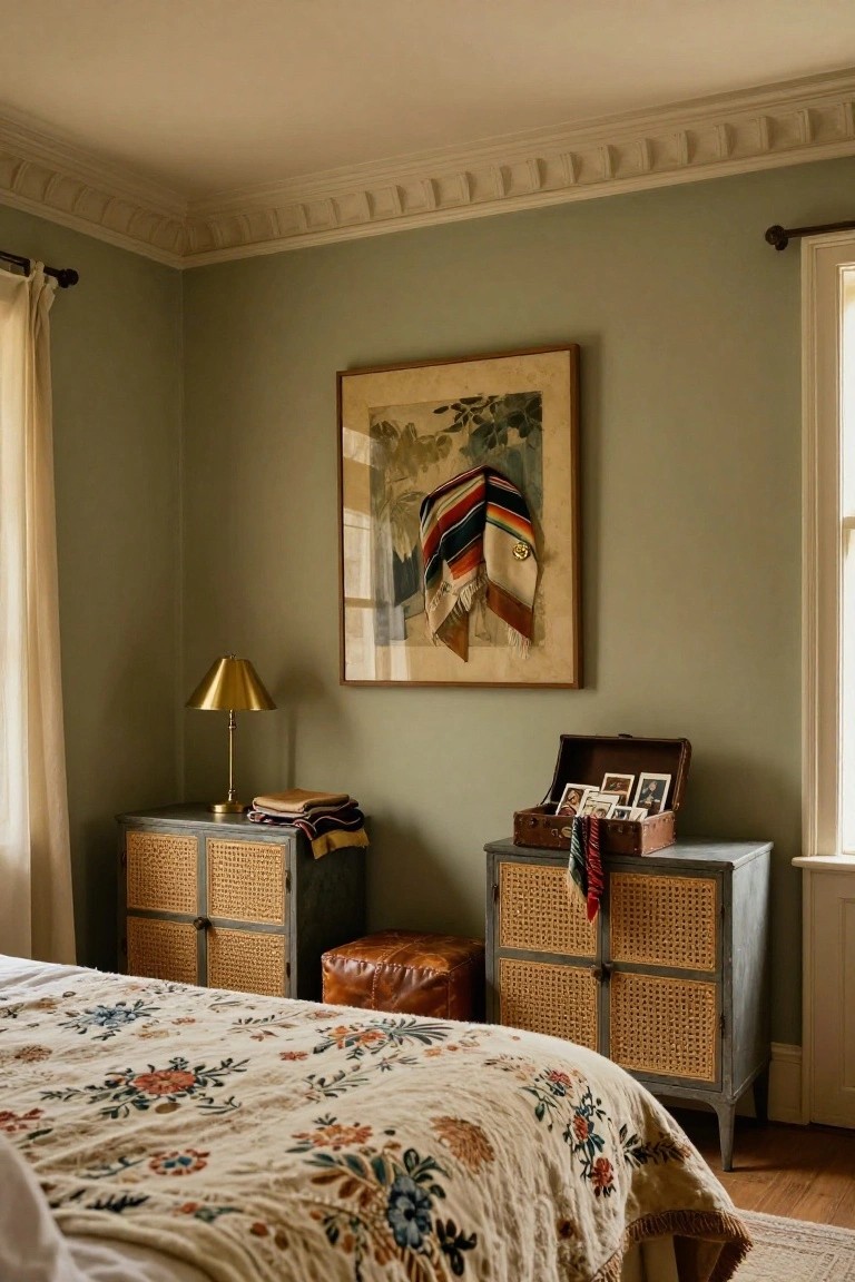 Bedroom corner with sage green walls, king bed draped in white floral quilt, two matching dark rattan nightstands topped with brass lamp books folded fabrics and vintage photo box, large abstract artwork above one nightstand.