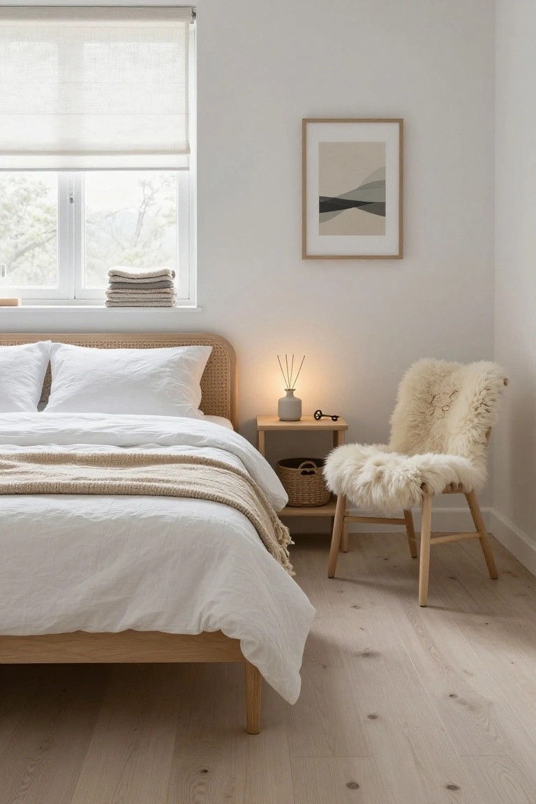 A minimalist bedroom with a low wooden bed frame, rattan headboard, white linen bedding and pillows, wooden nightstand holding a lamp and reed diffuser, sheepskin-covered wooden chair nearby, sheer window blinds, and light oak flooring.