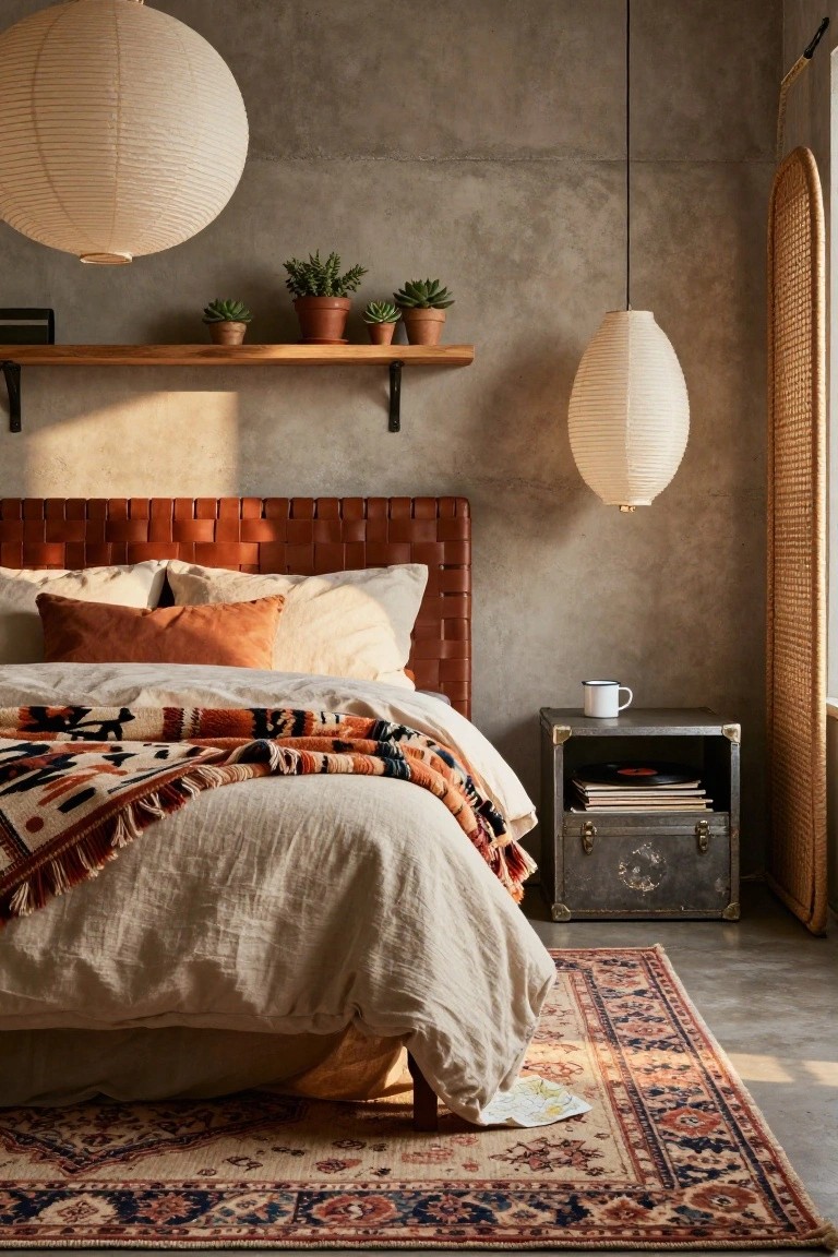 Boho bedroom with terracotta woven leather headboard, beige linen bedding topped with multicolored patterned blanket, multiple hanging white paper lanterns, wooden shelf holding potted succulents, metal trunk nightstand with books and records, arched rattan screen, and patterned rug on concrete floor.