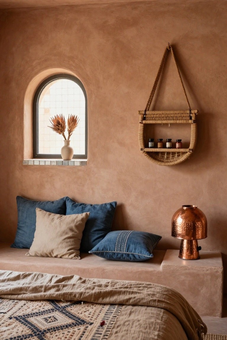 Boho bedroom with pinkish terracotta textured walls, arched window holding dried protea flowers in a vase, woven rope-hung shelf with small jars, low built-in bed platform piled with blue and beige pillows and patterned beige duvet, copper lamp on bench, and seagrass rug.