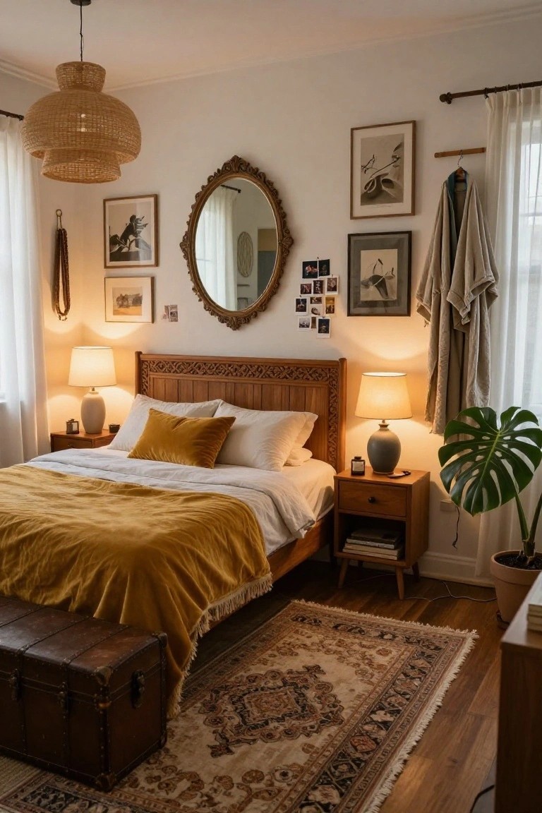 A cozy bedroom with a carved wooden bed frame topped by mustard yellow pillows and throw, flanked by nightstands with lamps, an oval mirror on the wall, rattan hanging light, art prints, a monstera plant, and a Persian-style rug on wood floors.