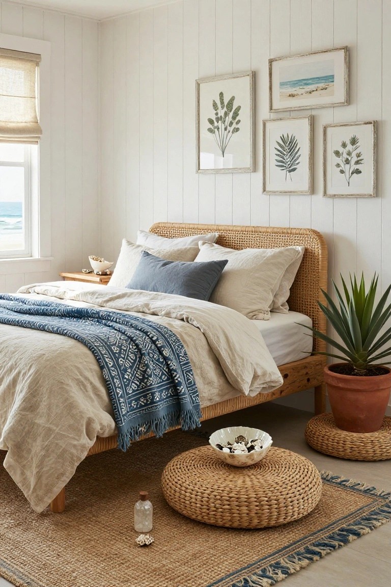 A bedroom interior with white shiplap walls, rattan bed frame topped with beige linens and a blue throw, pillows, botanical and seascape prints in white frames, an agave plant in a terracotta pot, woven poufs, a small bowl on the floor, and a window showing ocean waves.