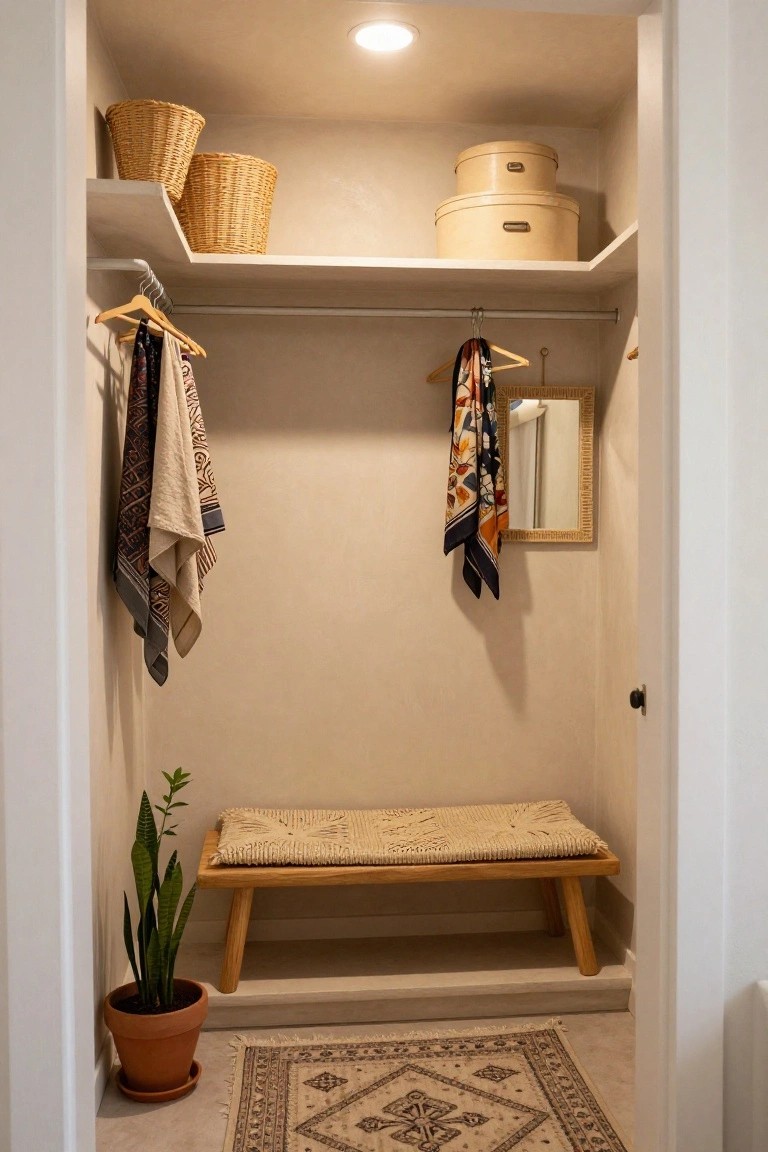 Small walk-in closet featuring wooden shelves with woven baskets and beige hat boxes, patterned scarves hanging from clothing rods, a small round mirror, wooden bench with woven cushion, snake plant in terracotta pot, and patterned rug on the floor.