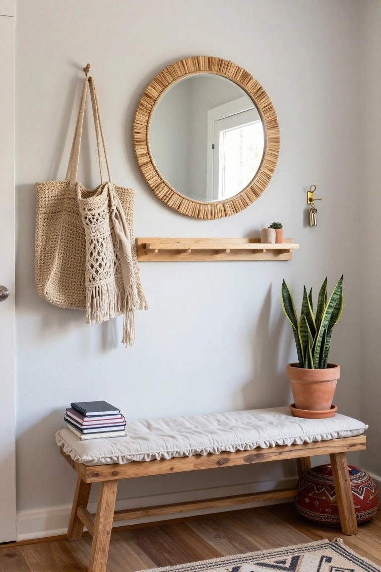 Light gray entryway with wooden bench topped by white ruffled cushion and stacked books, snake plant in terracotta pot beside it, round rattan mirror on wall, wooden shelf holding small pots and keys, hanging woven bag, and red patterned stool on wood floor with patterned rug.