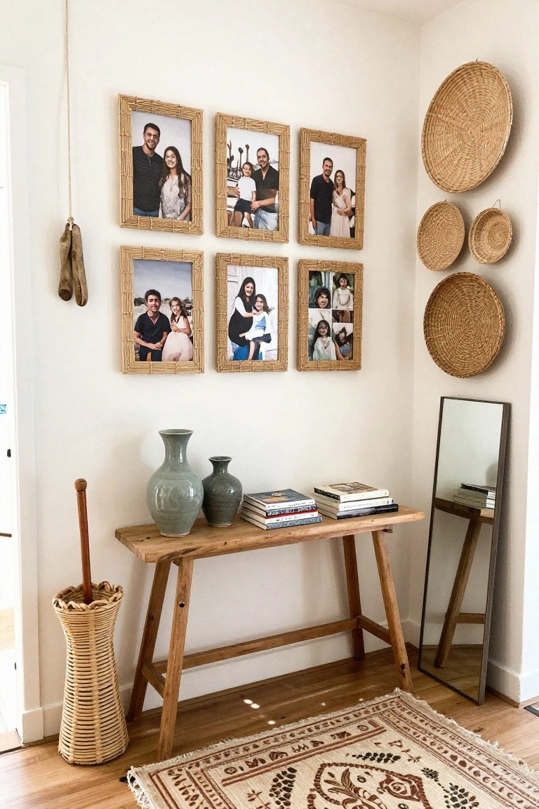 Corner of a light-walled interior with multiple rattan-framed family photos and woven baskets hanging on the walls, a wooden console table with ceramic vases and books, a wicker umbrella stand, a full-length mirror, and a patterned rug on the wood floor.