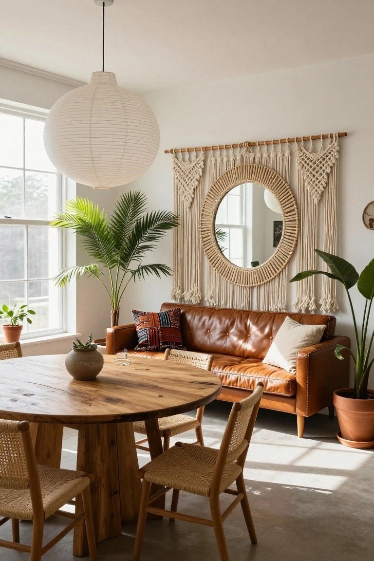 Bright indoor room with white walls, a large round rattan mirror framed by white macrame hanging from a wooden dowel, tan leather sofa with patterned pillows, round wood dining table with rattan chairs, potted plants, and a paper lantern light.