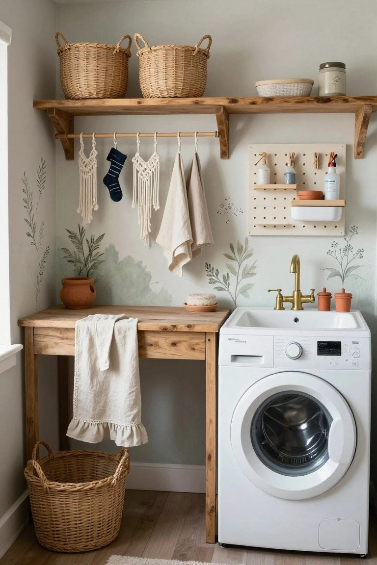 Cozy laundry room interior with wooden open shelves holding wicker baskets, wooden counter and sink next to white washer, macrame hanging towels, pegboard organizer, and green leaf wall murals on pale walls.