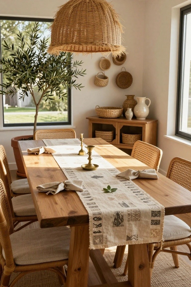 Wooden dining table in a bright room with a beige linen runner featuring printed block designs, tied linen napkins, brass candlestick, rattan chairs with cushions, potted olive tree, hanging woven baskets, wooden cabinet, and large windows with greenery view.