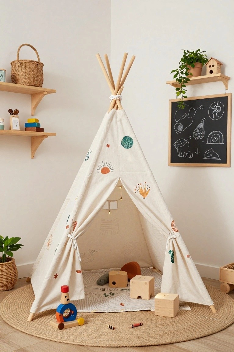 White teepee tent with hand-drawn boho prints on canvas stands in a children's playroom corner on a round rug, filled with wooden blocks and stacking toys, near shelves with baskets and plants.