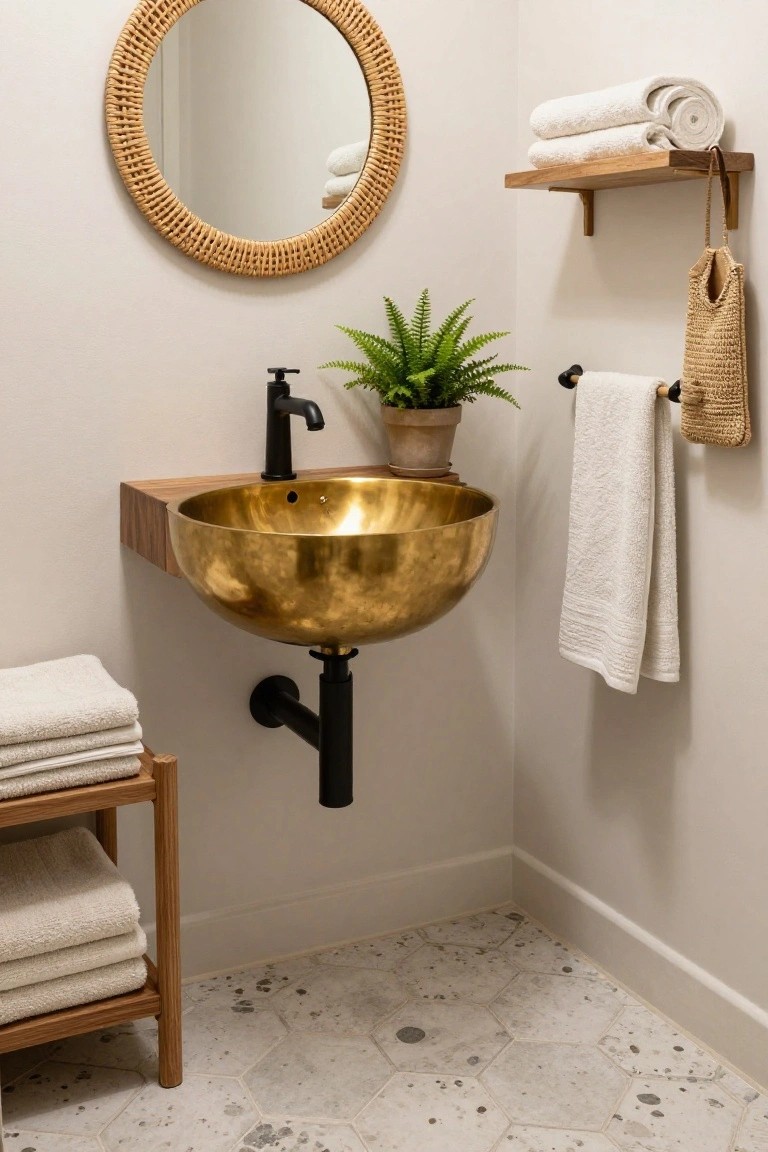 Small bathroom corner with wall-mounted brass vessel sink on wooden shelf, black faucet, rattan mirror, wooden towel racks with white towels, potted fern, and hexagonal tile floor.