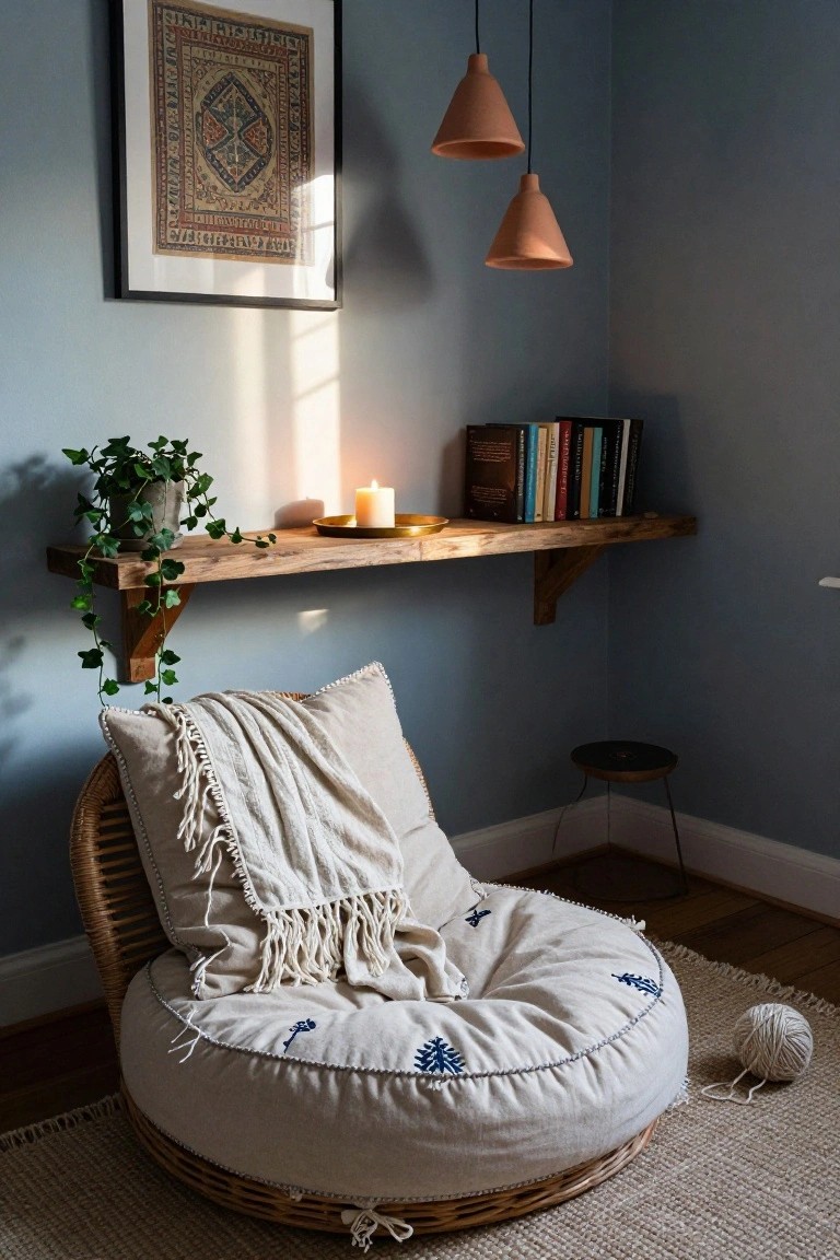 Corner of a blue room with a rattan pouf chair draped in a white throw blanket, wooden floating shelf holding books, candle, and ivy plant in a pot, terracotta pendant lights, and yarn ball on a beige rug.
