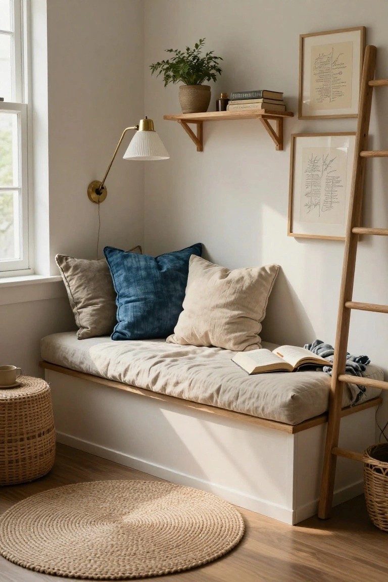Bright corner room featuring a built-in linen-covered window bench with stacked beige and blue pillows, an open book, gray throw, wood wall shelves holding plants and books, leaning wood ladder, wall lamp, seagrass rug, and rattan stool.